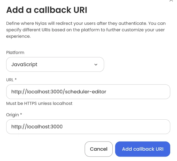 Hosted auth with a localhost URI Hosted authentication screen showing the Callback URIs tab, and a freshly added entry for a localhost callback URI.